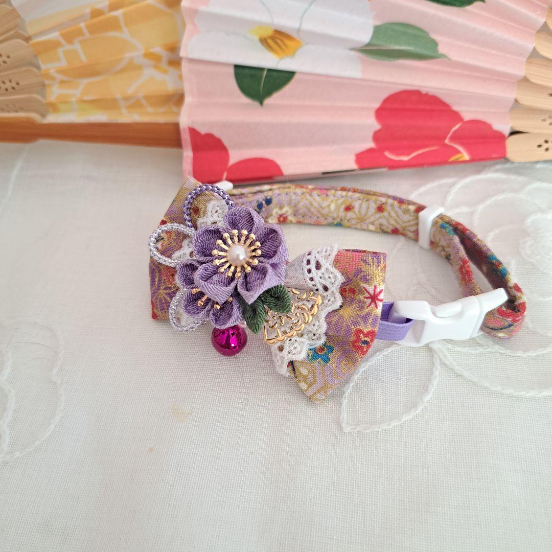 お正月、つまみ細工シングルリボン(紫②)わんちゃん猫ちゃん用首輪