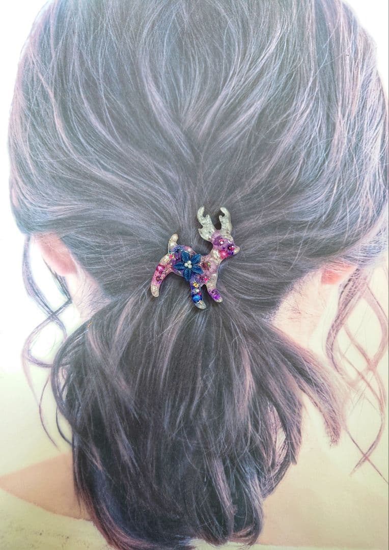 レジン　猫　トナカイ　ヘアゴム　ブローチ　ポニーフック　No.349