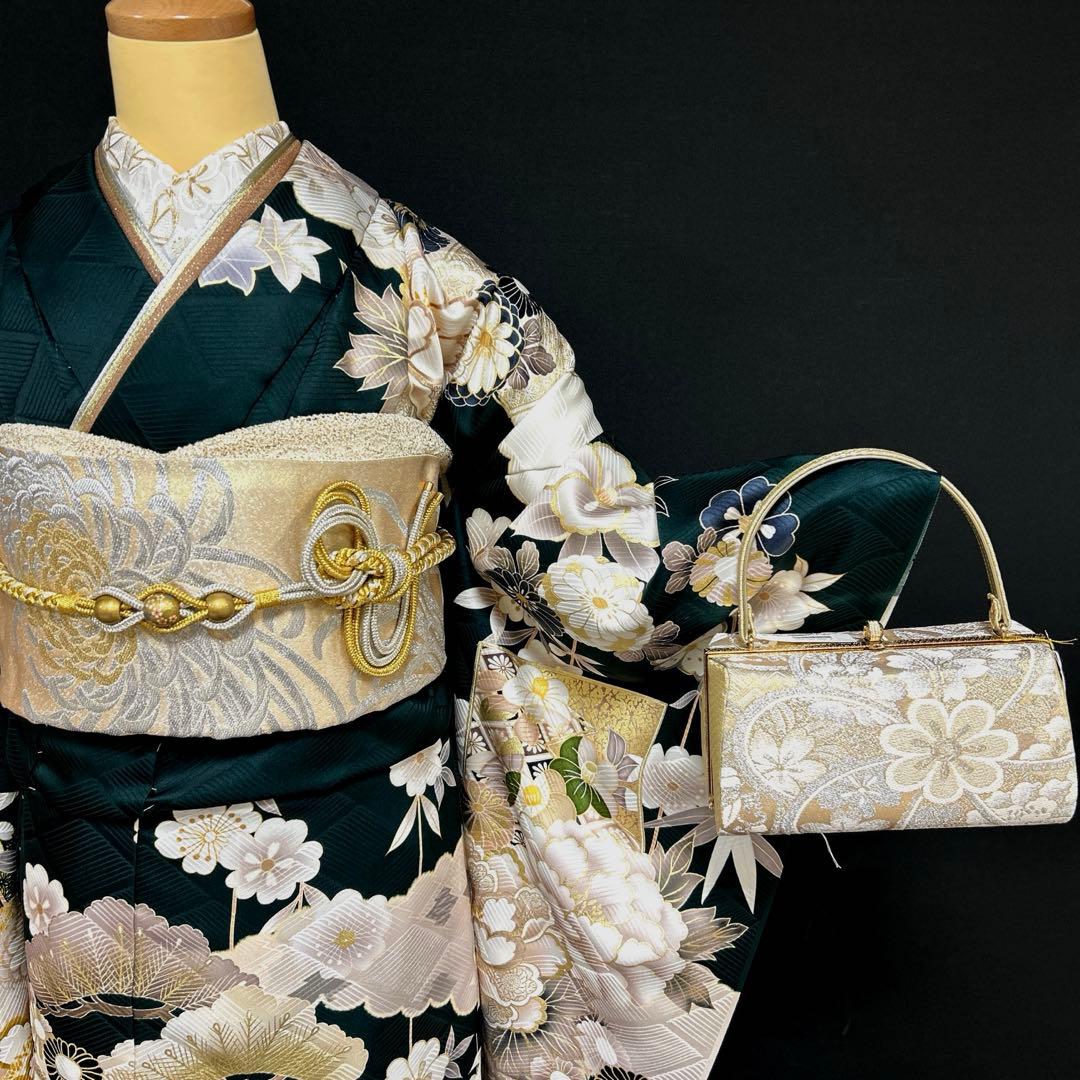 深緑色の豪華な牡丹に松竹梅の古典振袖フルセット(ガード加工・着物バック・髪飾り)