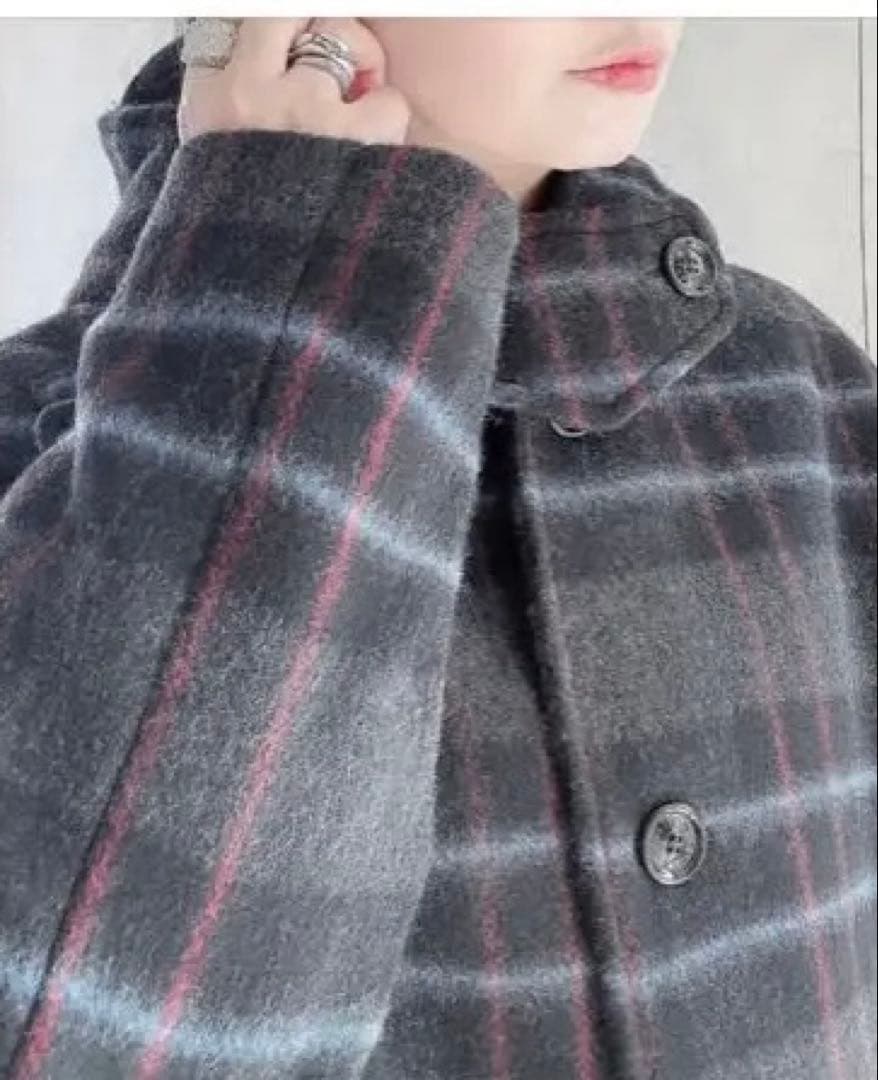 メゾンレネー　チェック　フード　ロングコート