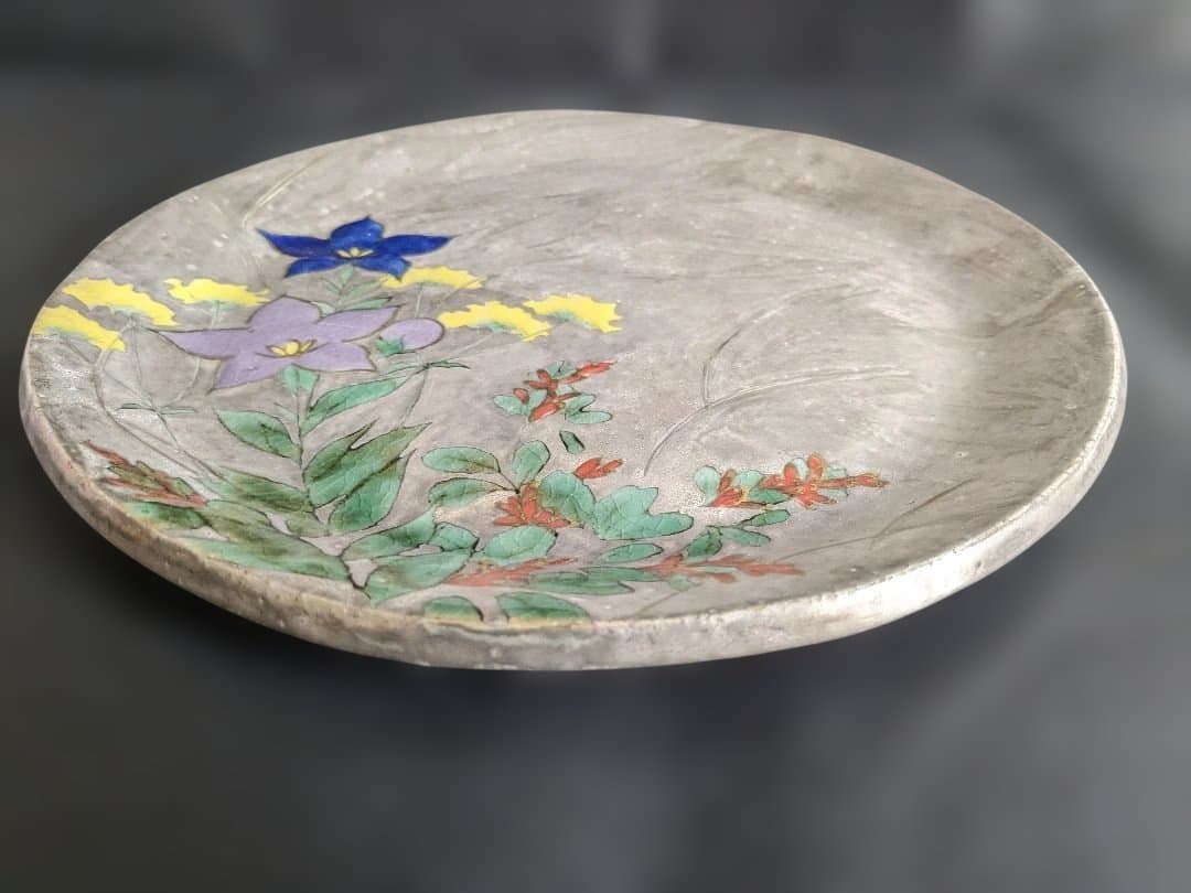 陶あん 清水焼 京焼 色絵付け 銀彩 桔梗 中皿 お皿