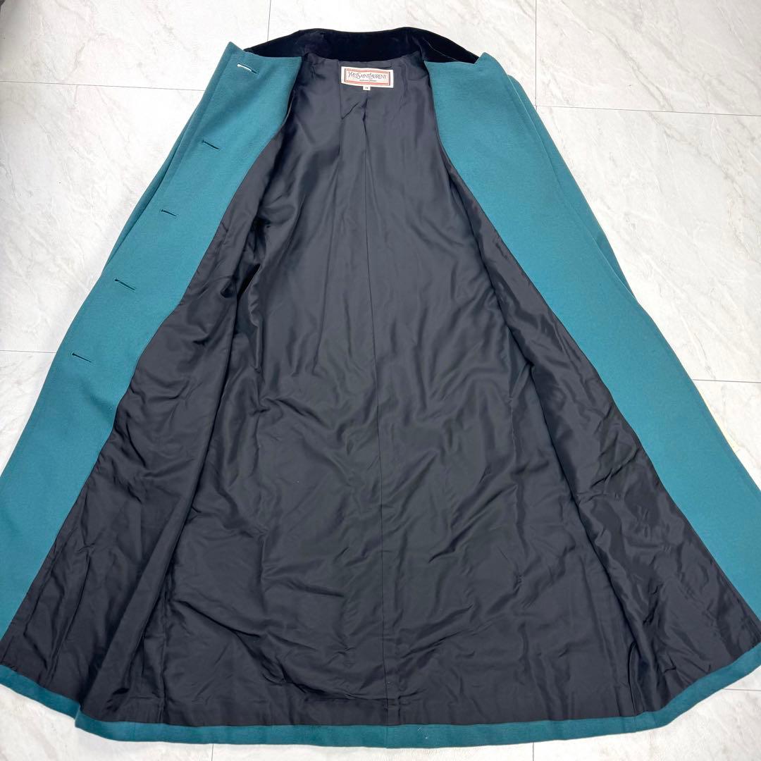 イヴサンローラン ウール ベロア マキシ丈 ロングコート ターコイズブルー M