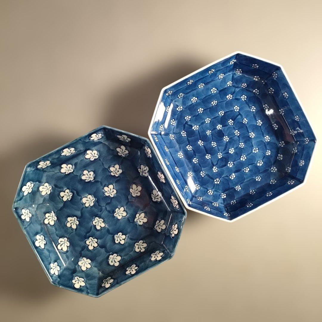 A1352-5/有田焼/源右衛門窯/染付梅地紋方皿2客/共箱/飾鉢/懐石道具/