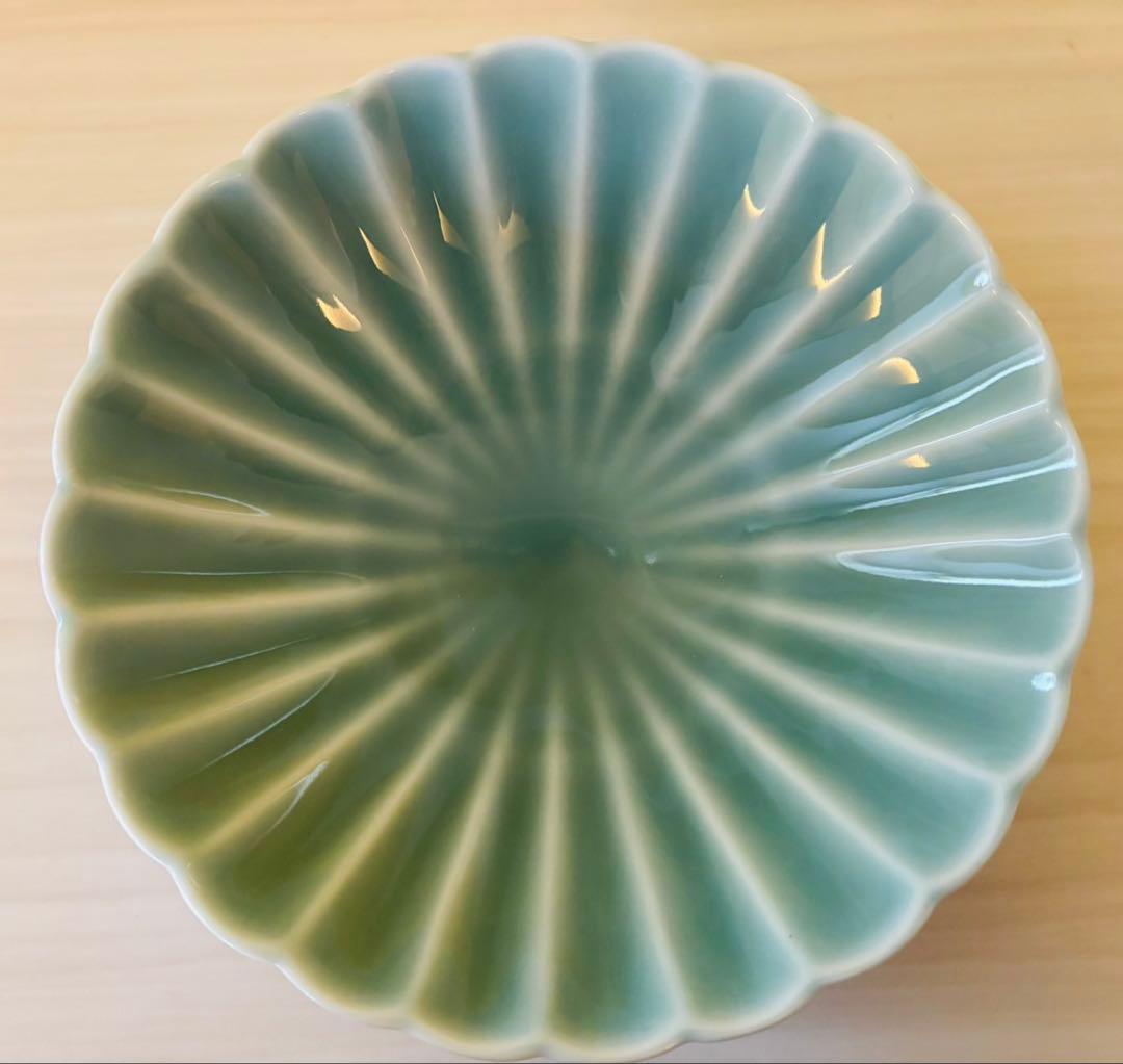 【未使用品】深川製磁　小皿5枚　菊花形青磁 菊割小付揃　宮内庁御用達