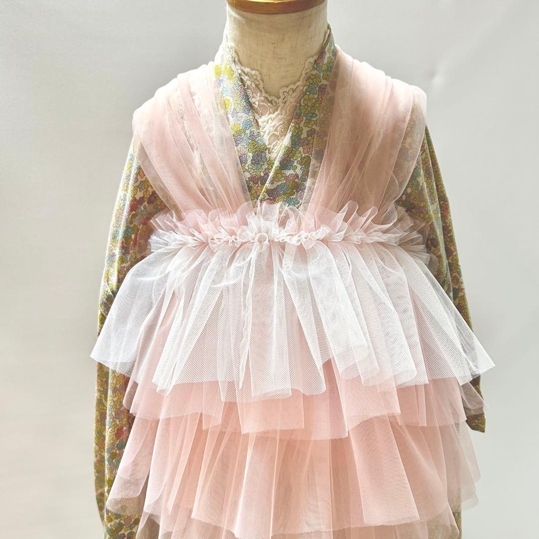 被布エプロン【桜ピンク】チュール被布　被布ドレス　七五三　3歳着物