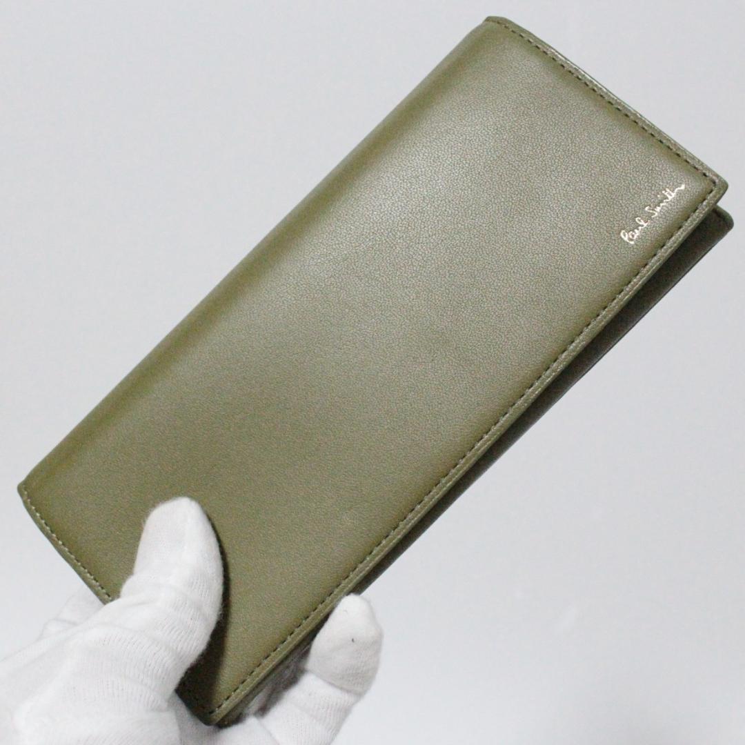 新品 箱付 ポールスミス シープ革使用 インサイドストライプ 長財布 カーキ