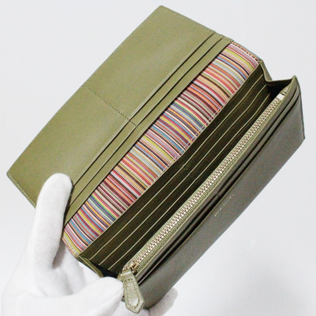 新品 箱付 ポールスミス シープ革使用 インサイドストライプ 長財布 カーキ
