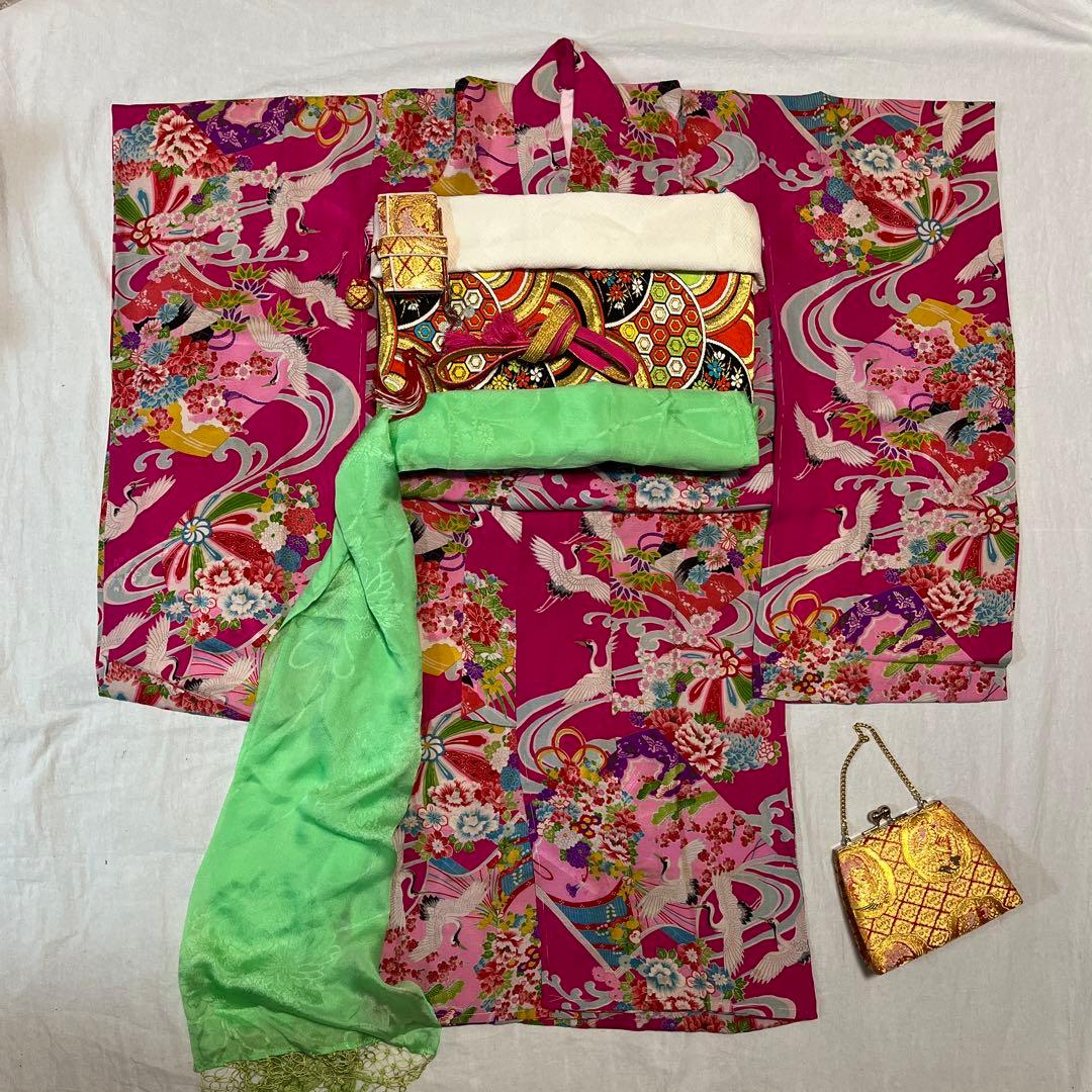 七五三　7歳　ハーフ成人式　アンティーク　ピンク　総柄　大正ロマン　着物セット