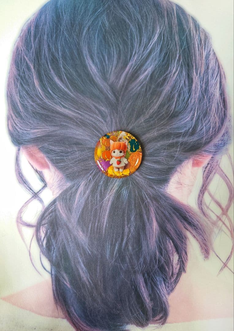 レジン　猫　手書き　ヘアゴム　ブローチ　ポニーフック　No.237