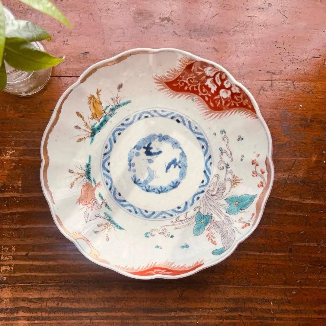 骨董皿 希少　カエル文 火焔文　金彩赤絵皿　輪花皿 かえる文　金カエル