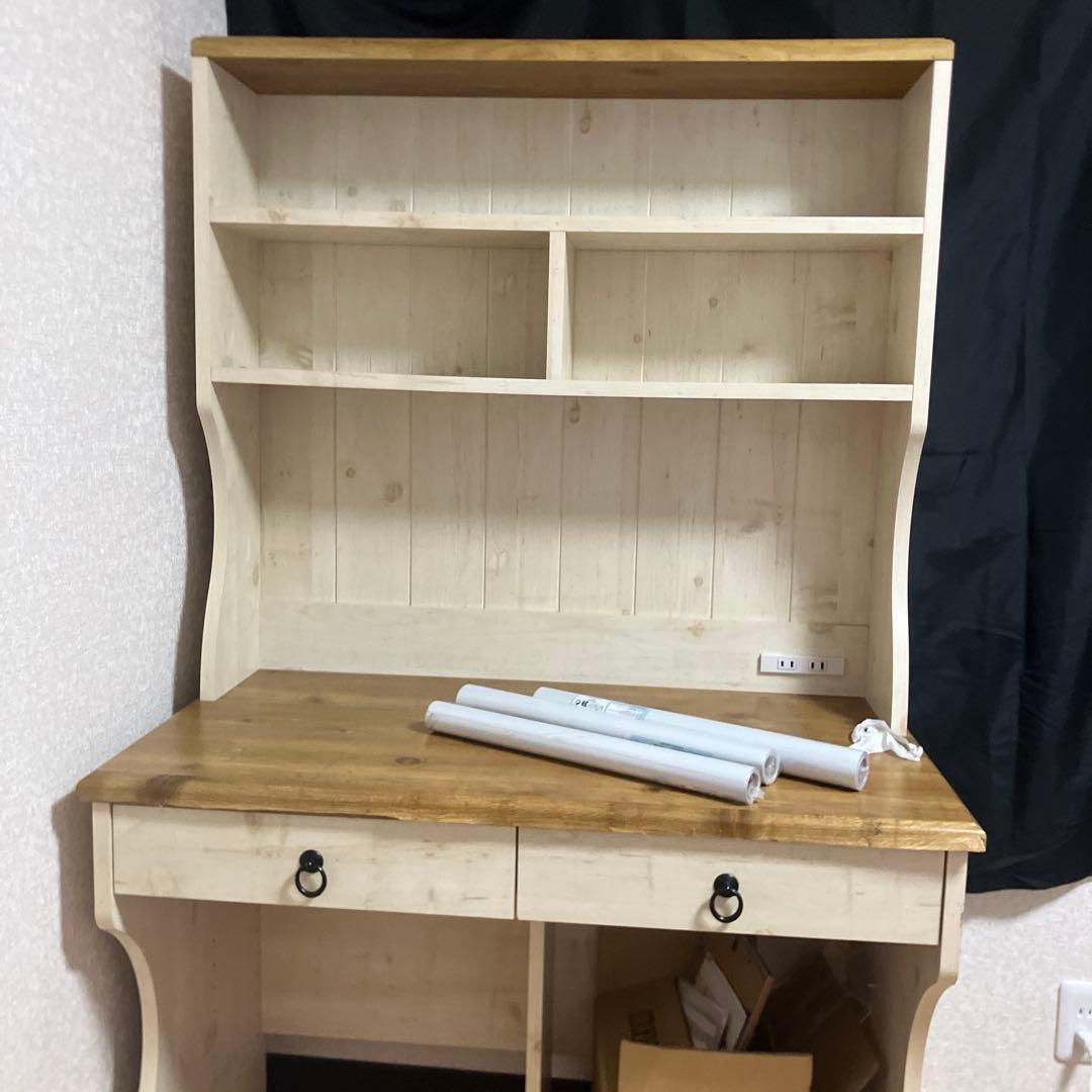 木製デスク 棚付き 2引き出し リメイクシート付き 値下げ⭕️気軽にどうぞ！