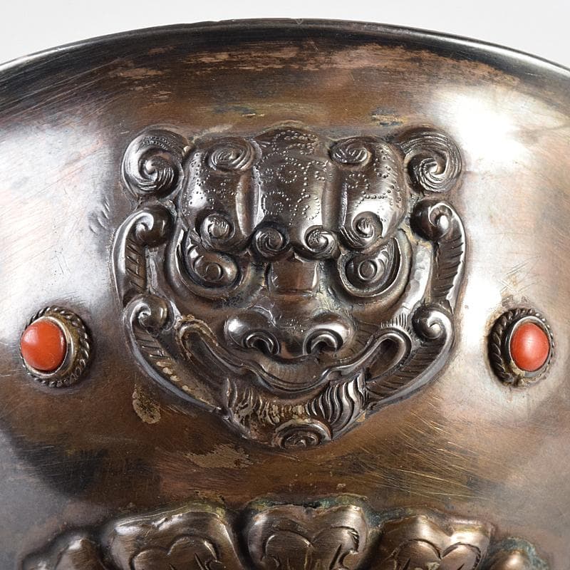 中国　白銅　神獣刻　玉石装飾　取手付杯　約167g　M　R8495