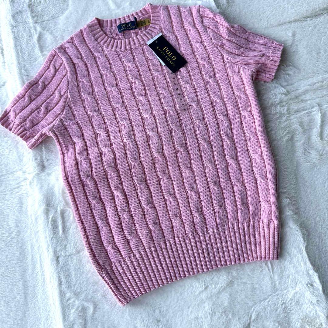 【Mサイズ】ポロ ラルフローレン 半袖ケーブルニット ピンク M　定番