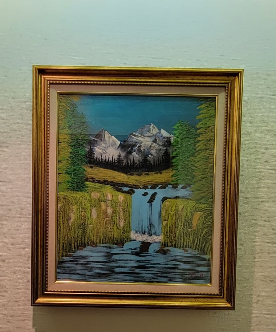 Valley waterfall 風景画  油彩画 額縁 肉筆