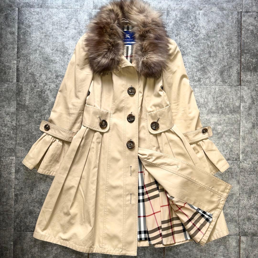 【美品】バーバリーブルーレーベル ノバチェック フォックスファー トレンチコート