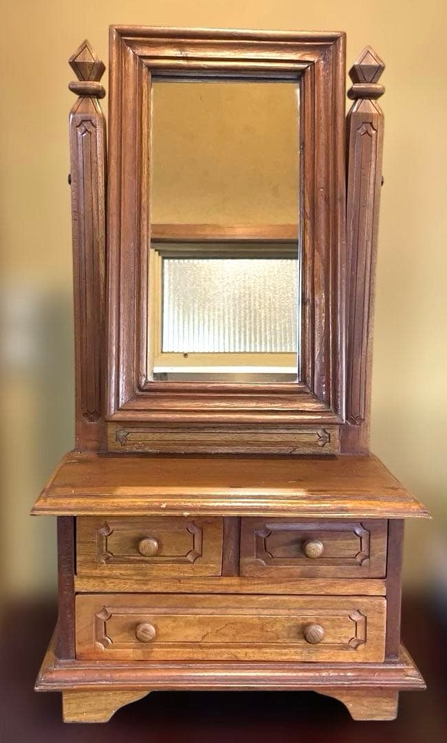木製　ミラー付きミニチェスト　アンティーク　アクセサリー収納　ドレッサー　鏡台