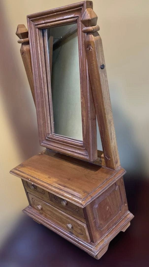 木製　ミラー付きミニチェスト　アンティーク　アクセサリー収納　ドレッサー　鏡台