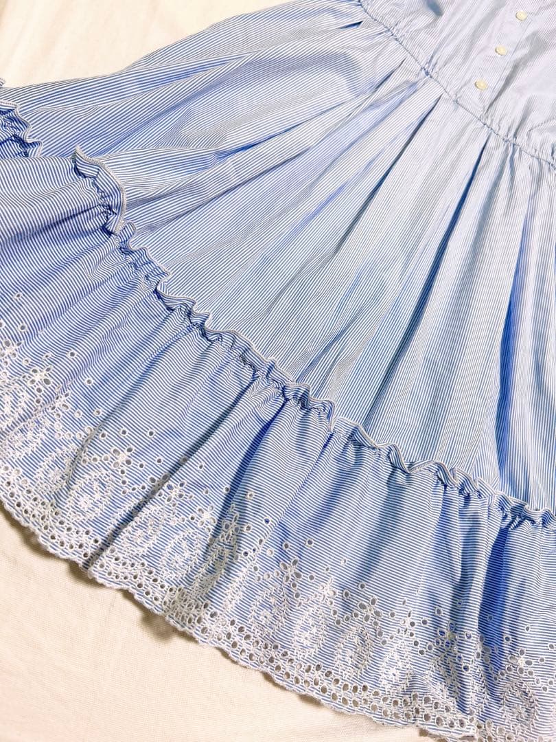 ケイトスペード サックスブルー 白 水色 ストライプ レース襟 半袖ワンピース