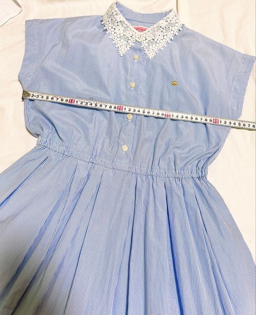 ケイトスペード サックスブルー 白 水色 ストライプ レース襟 半袖ワンピース