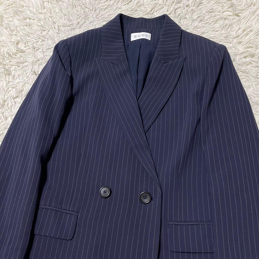 美品 S PLST ネイビー ストライプ ダブル セットアップ スーツ