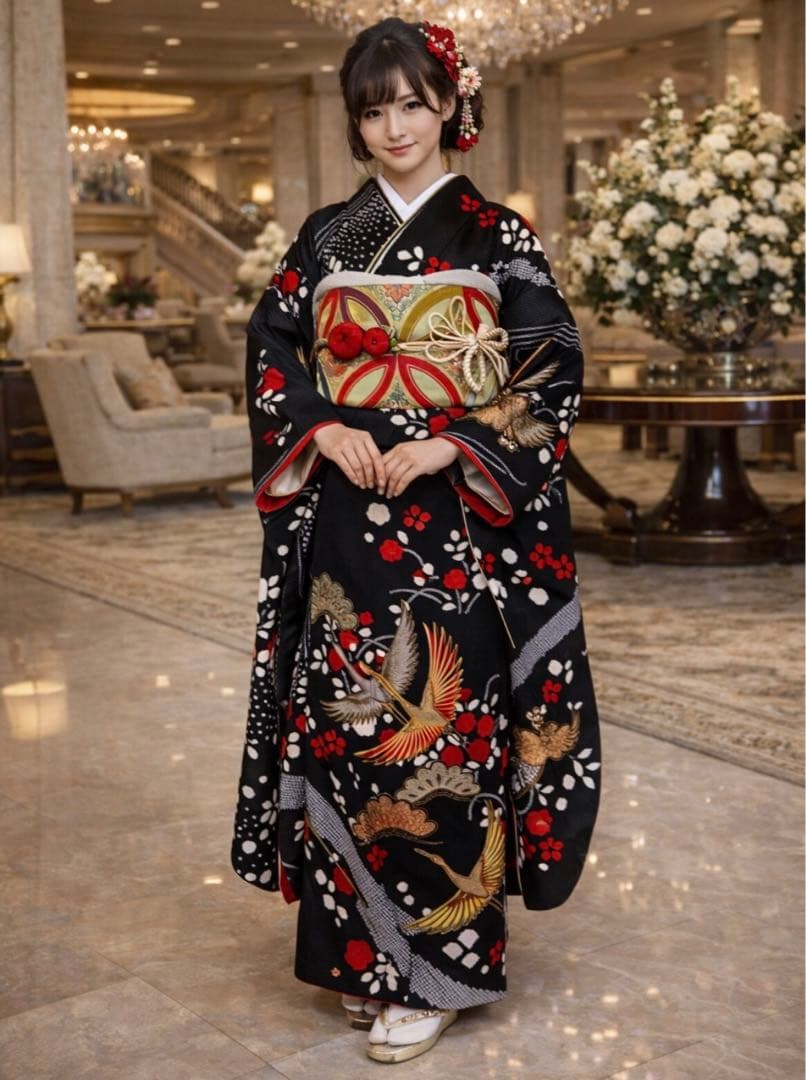 お値下げ！美品　振袖フルセット　人気の黒　手絞り　豪華刺繍　逸品