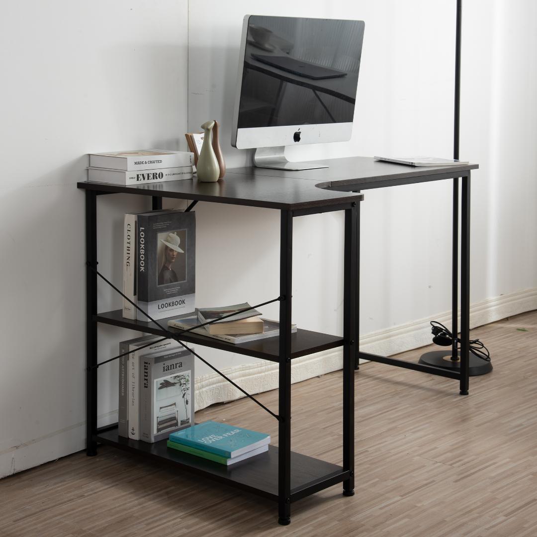 パソコンデスク L字120cm2段ラック付 デスク木製ミシン台 書斎机 ブラウン