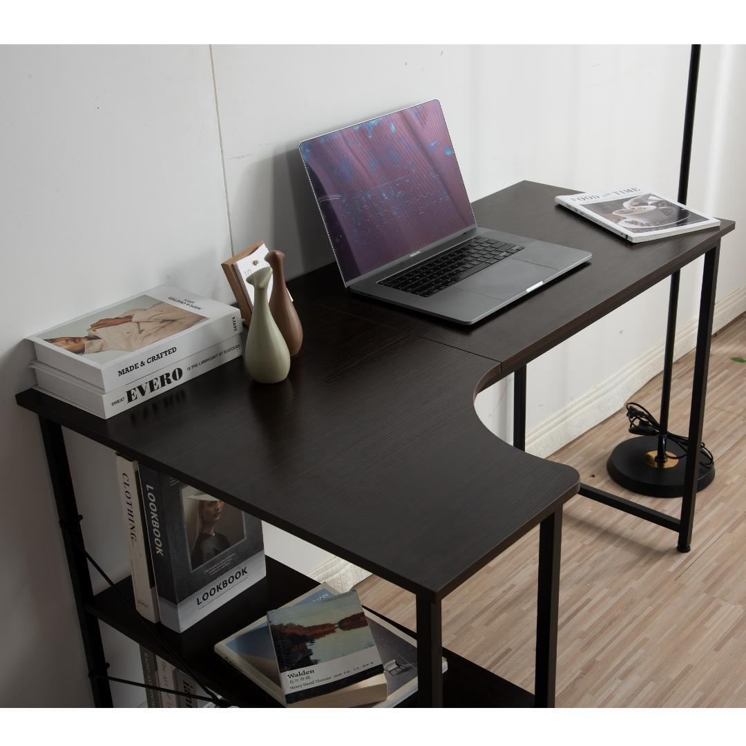 パソコンデスク L字120cm2段ラック付 デスク木製ミシン台 書斎机 ブラウン
