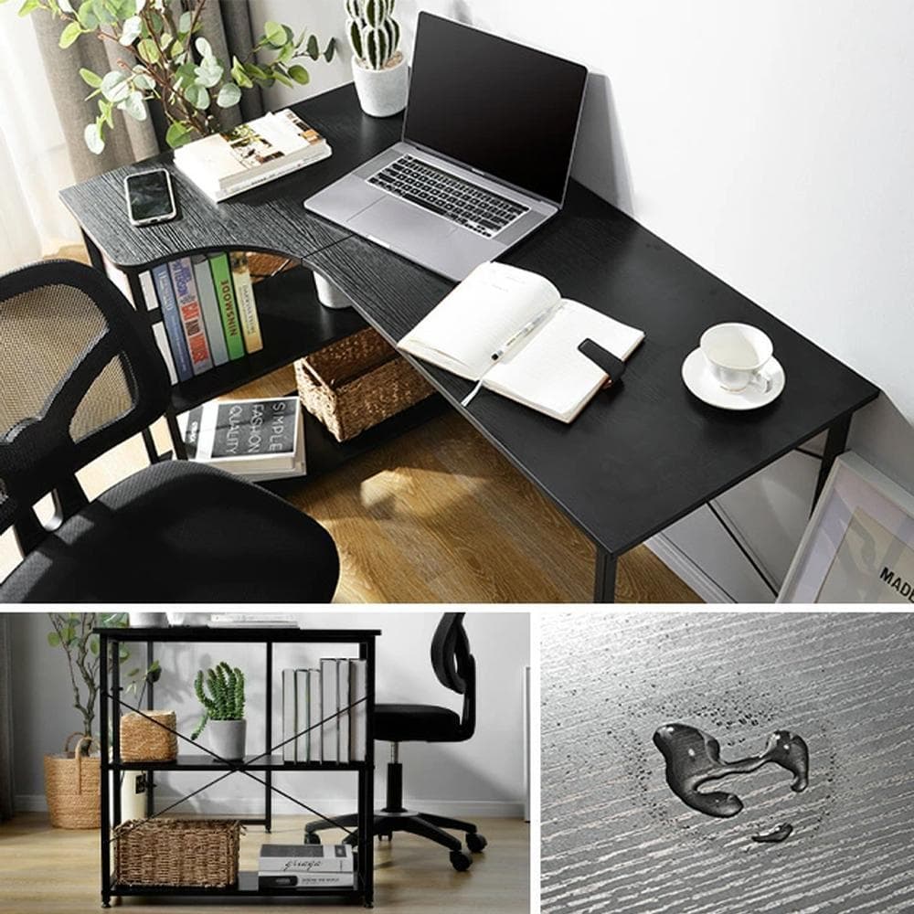 パソコンデスク L字120cm2段ラック付 デスク木製ミシン台 書斎机 ブラウン