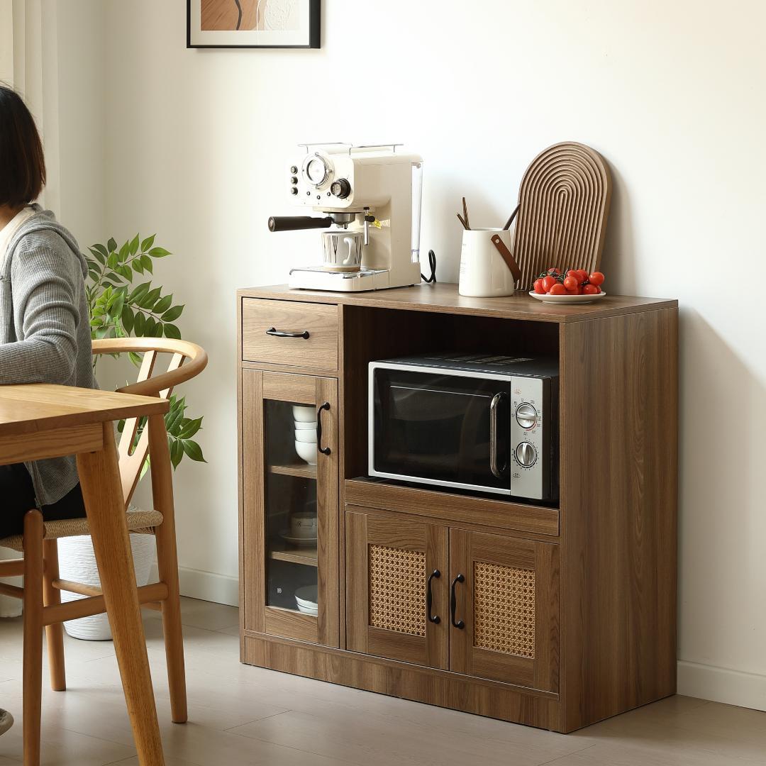 キャビネット レンジ台 キッチン収納 幅88cm ガラス コンパクトBROWN