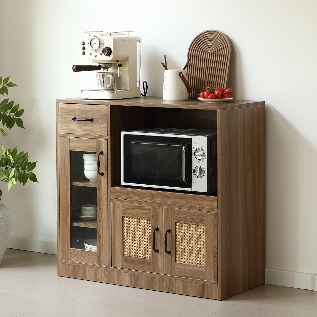 キャビネット レンジ台 キッチン収納 幅88cm ガラス コンパクトBROWN