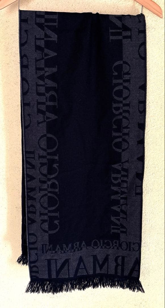 美品✨ジョルジオアルマーニ ウールマフラー フリンジ ロゴ ジャガード 黒