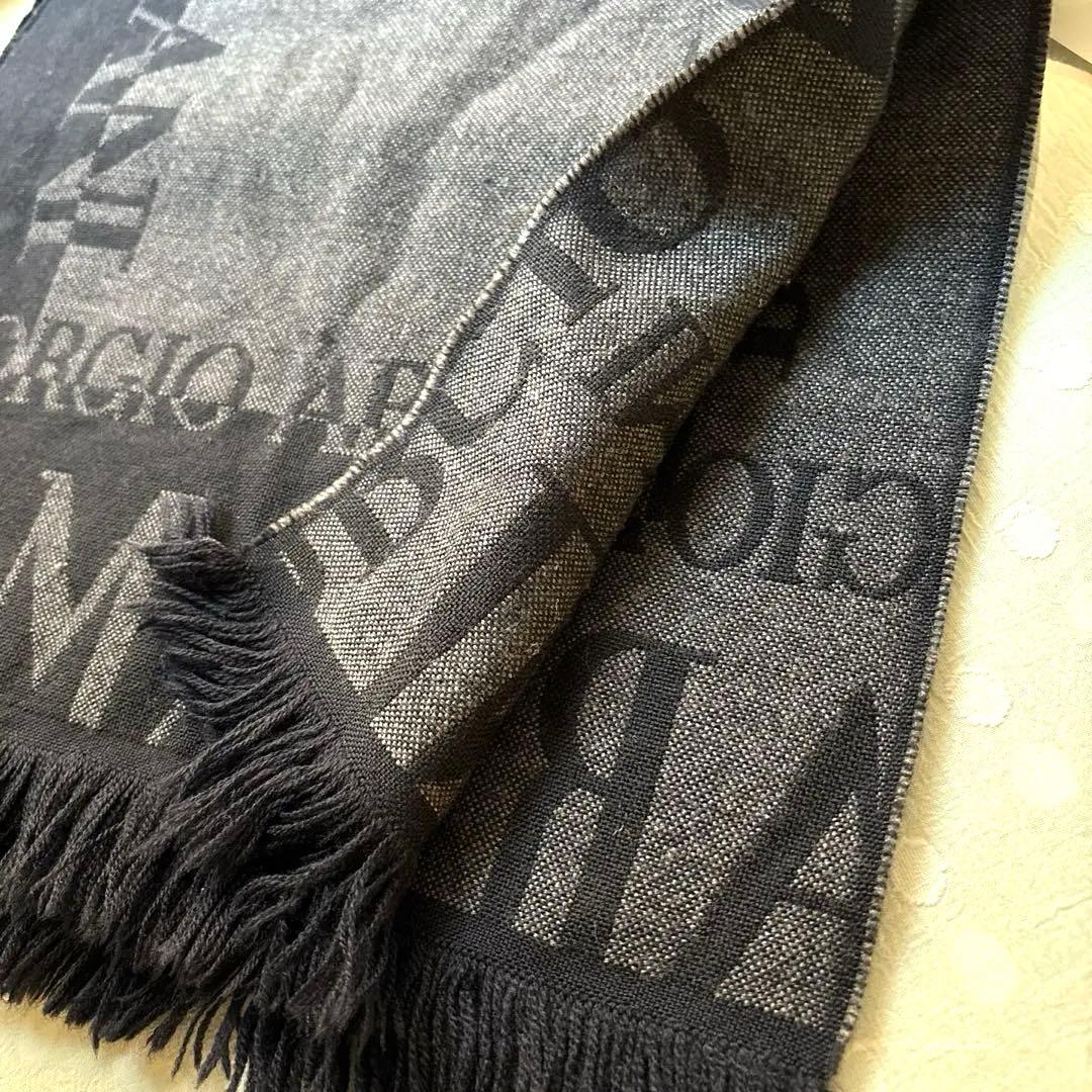 美品✨ジョルジオアルマーニ ウールマフラー フリンジ ロゴ ジャガード 黒