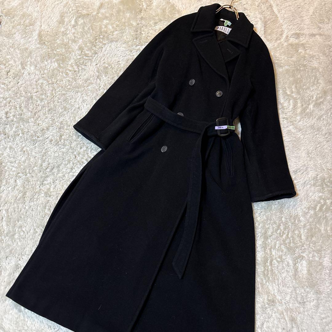 マレーラ アンゴラ混　マキシ丈 チェスターコート ダブルブレスト ベルト付き 黒
