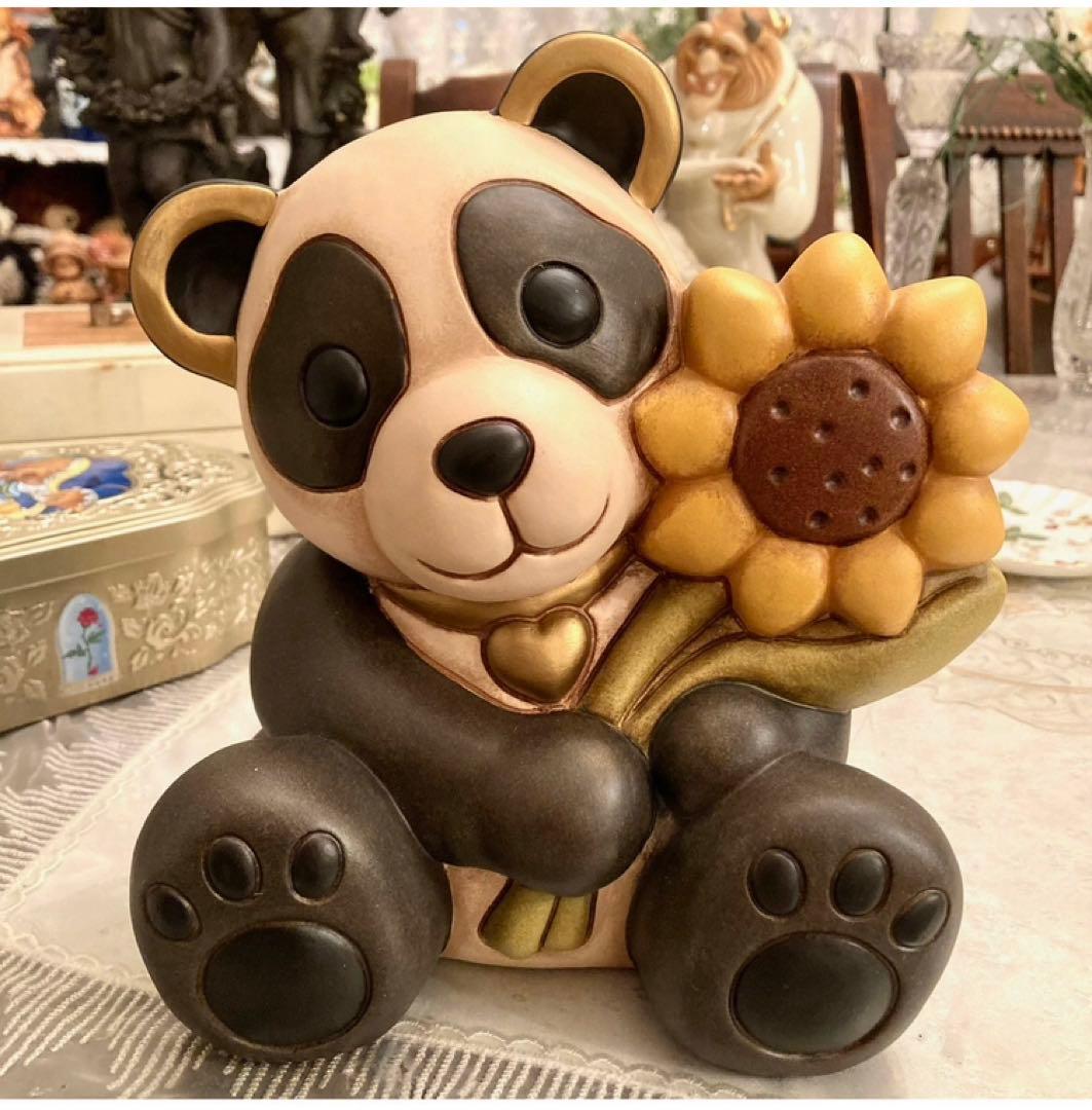 イタリア製　THUN パンダ　向日葵　フィギュリン　置物　人形　陶器　陶磁器