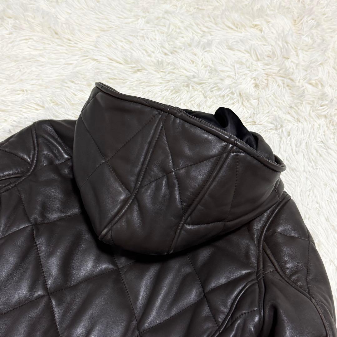 【良品】NO ID. ラムレザージャケット 羊革 キルティング フード ブラウン