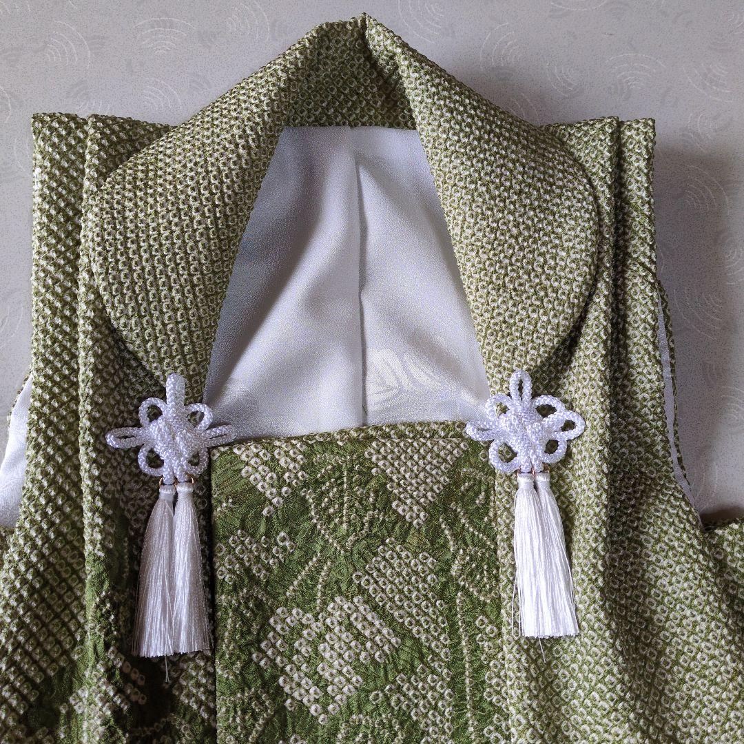 七五三３歳正絹総絞り手縫いの被布(抹茶色前のみ柄入り）