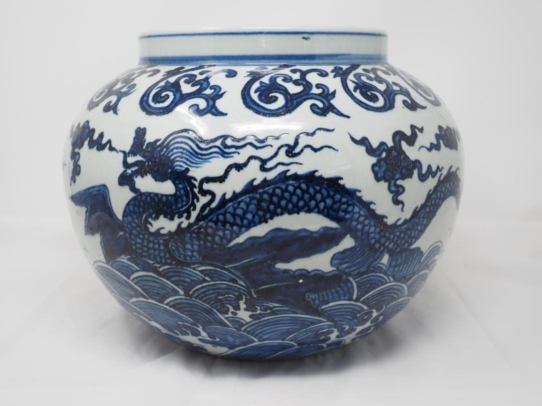 中国　染付竜文壺　龍デザイン　染付　花瓶　-SO