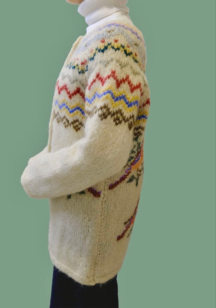 70s ユーロ ヴィンテージ クリーム色 ニット 古着 鳥刺繍 手編み 民族衣装