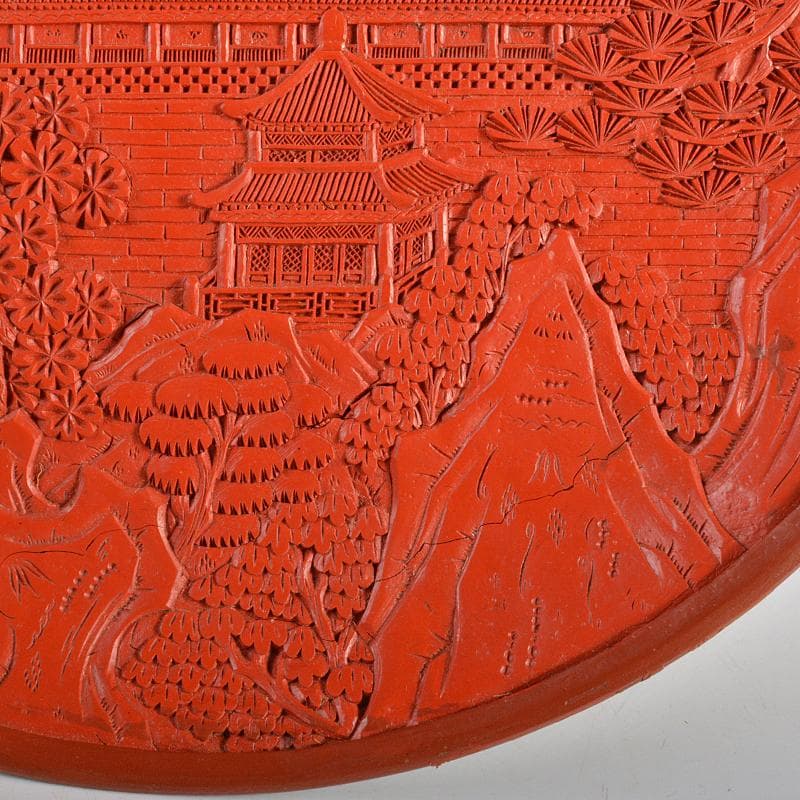 中国　剔紅　堆朱　山水楼閣文盤　飾皿　U　R6720