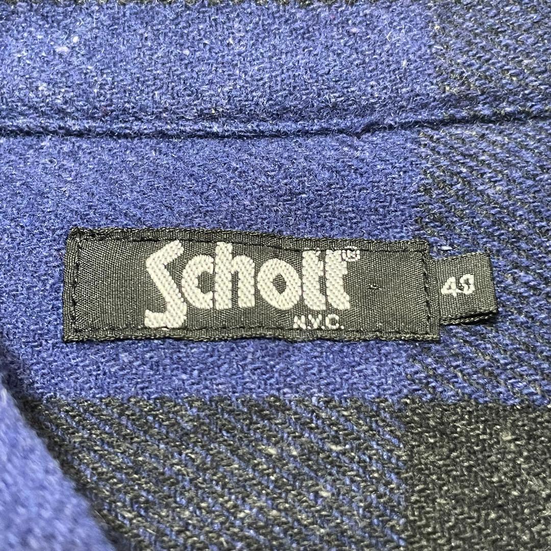 レア schott バッファローチェック ネルシャツ ウール ヘンプ 青×黒