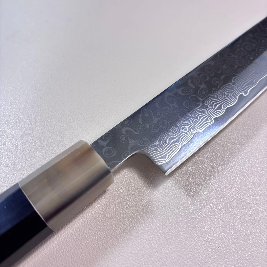 尺　300mm 墨流しダマスカス 柳刃包丁 黒檀本 牛八角柄　刺身包丁 和包丁︒