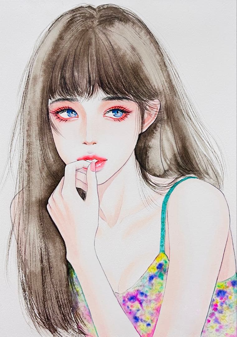 手描きイラスト　水彩原画　ロングヘアの女の子312