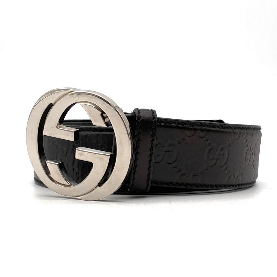 美品 GUCCI グッチ ベルト インターロッキング シマレザー GG ブラック