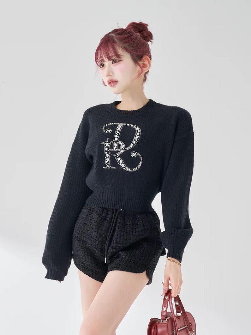 ♡ ダーリッチ Darich ♡ DRビジューボリュームリブニットトップス　黒