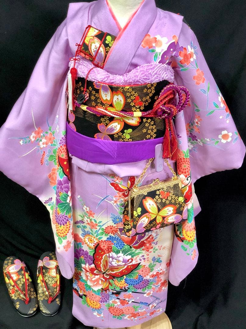 七五三　7歳　女の子　藤色　薄紫　四つ身　着物　作り帯　セット　753 七歳