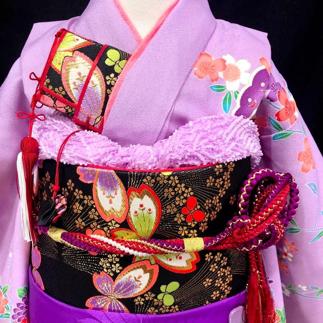 七五三　7歳　女の子　藤色　薄紫　四つ身　着物　作り帯　セット　753 七歳
