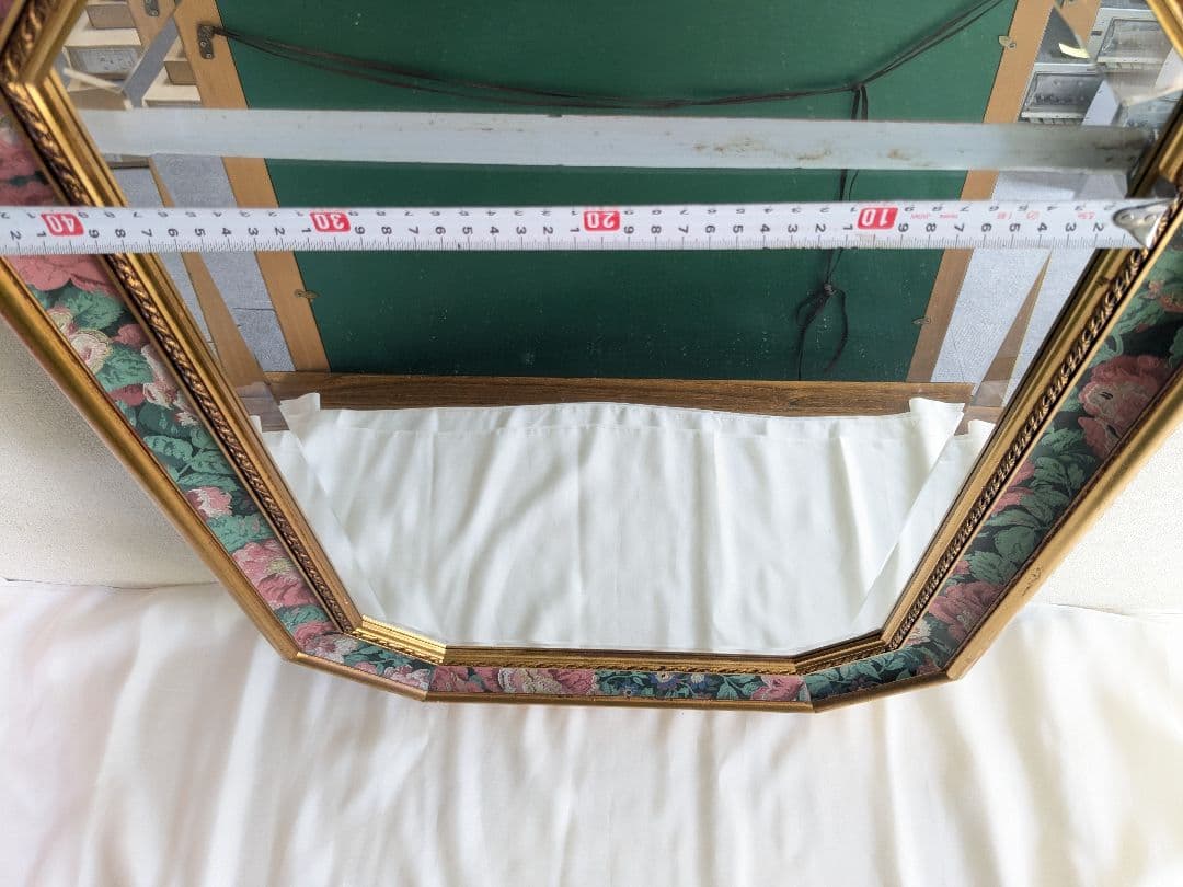 アンティーク 壁掛け 八角 ミラー 鏡 花柄 ヴィンテージ ゴールド