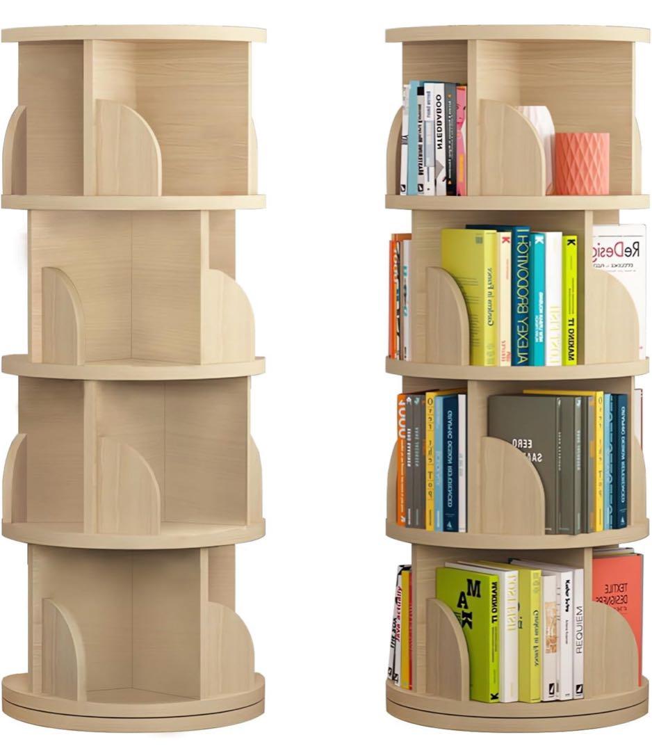 木目調 4段 本棚 回転式本棚 大容量 直径46CM A4 紙が入る高さ 絵本