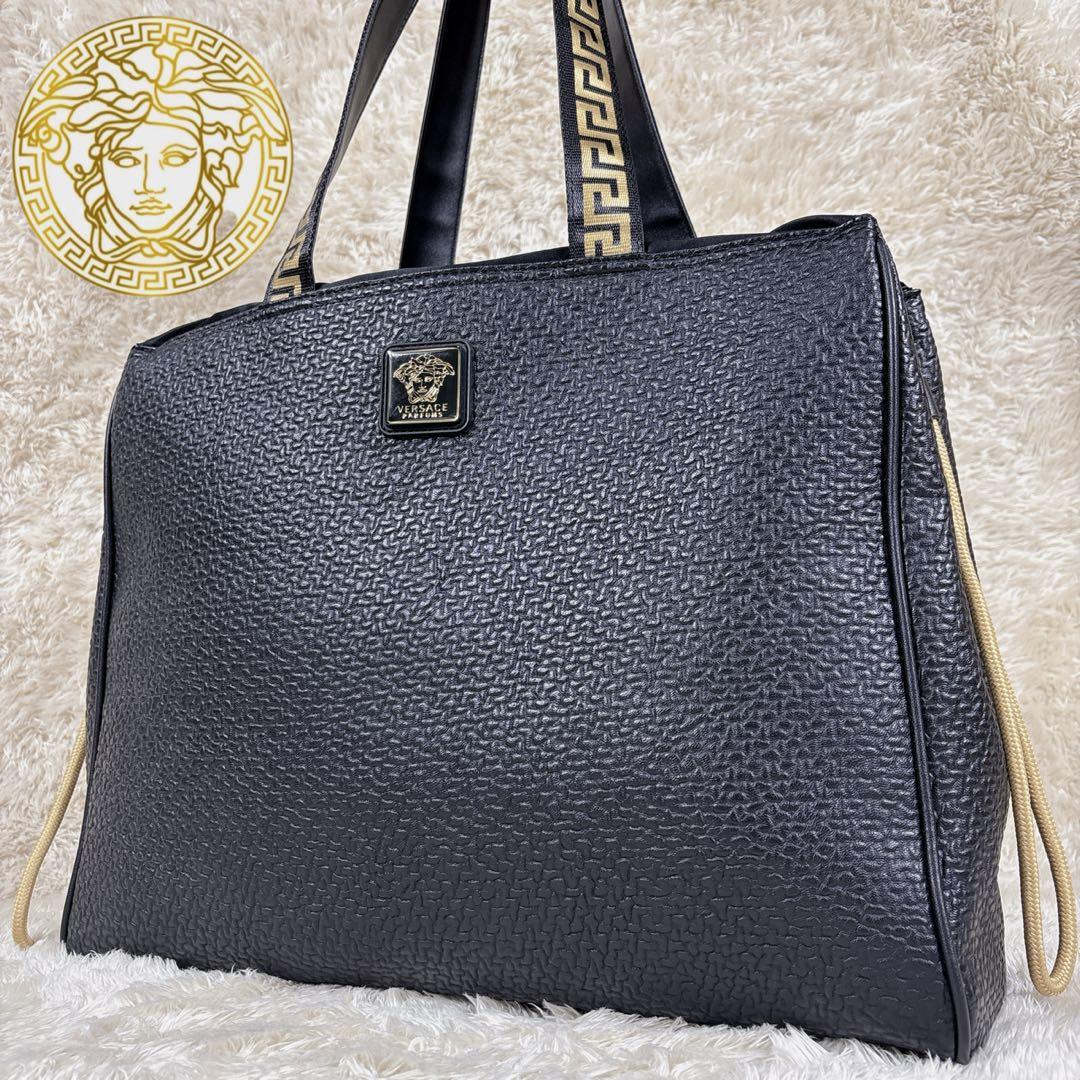 VERSACE ヴェルサーチ トートバッグ メデューサ 巾着 レザー A4 黒