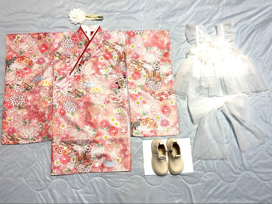 【キャサリンコテージ】チュールフリルエプロン着物ワンピース 100cm